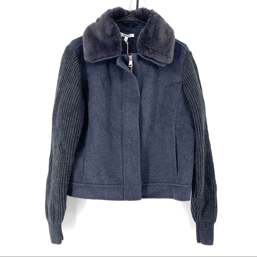 Splendid Women's Knit Ribbed Sleeve Faux Fur Collar Jacket.